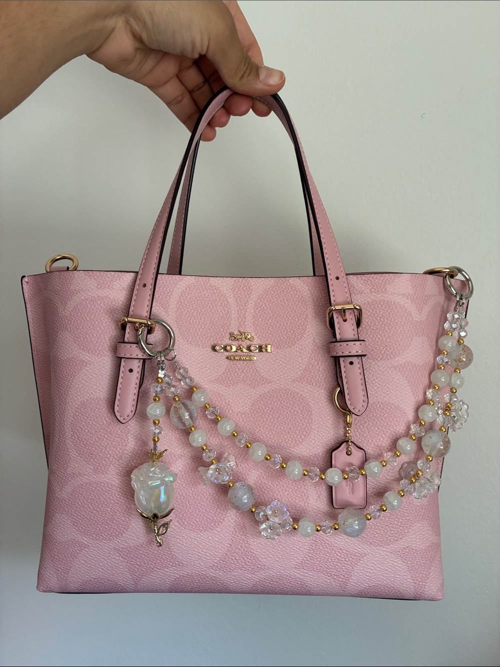 Iridescent White Beaded Rose Charm Keychain Bag Chain